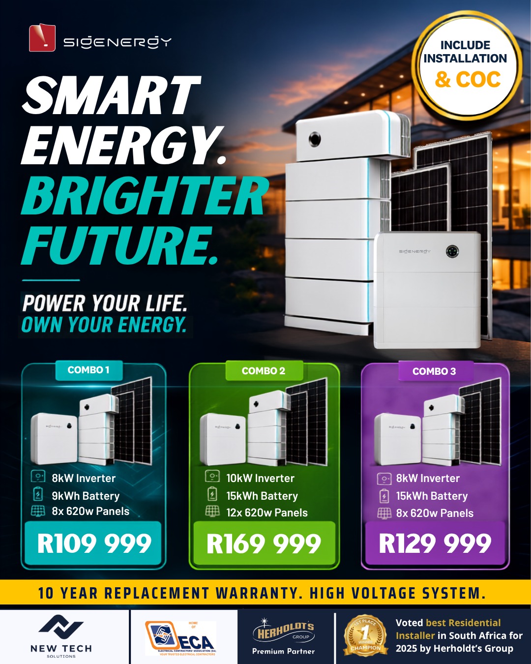 Sigenergy smart energy special: three high voltage solar combos including installation and COC, from R109 999