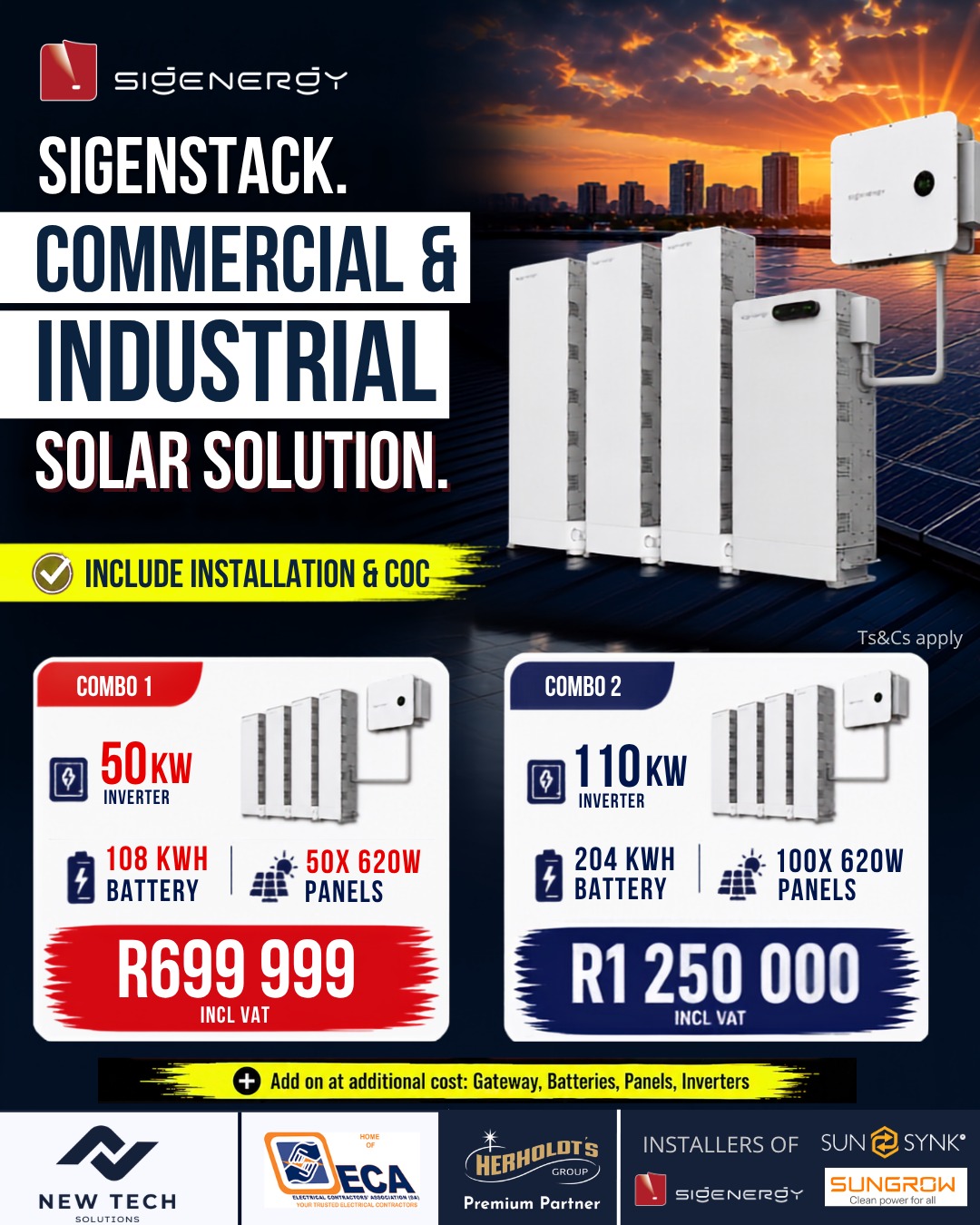 Sigenergy SigenStack commercial and industrial solar solution: Combo 1 with 50kW inverter, 108kWh battery and 50x 620W panels at R699 999, Combo 2 with 110kW inverter, 204kWh battery and 100x 620W panels at R1 250 000, both incl VAT, installation and COC