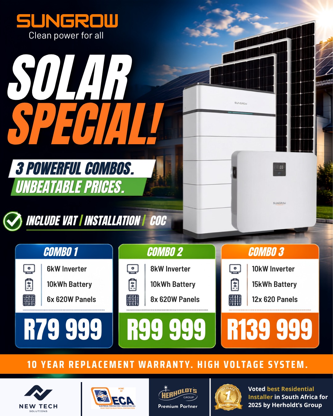 Sungrow solar special: three combos including VAT, installation and COC, from R79 999